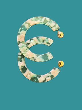 Acrylic Reversible Pink, Ivory and Green Hoop Earrings with Gold Ball NWOT